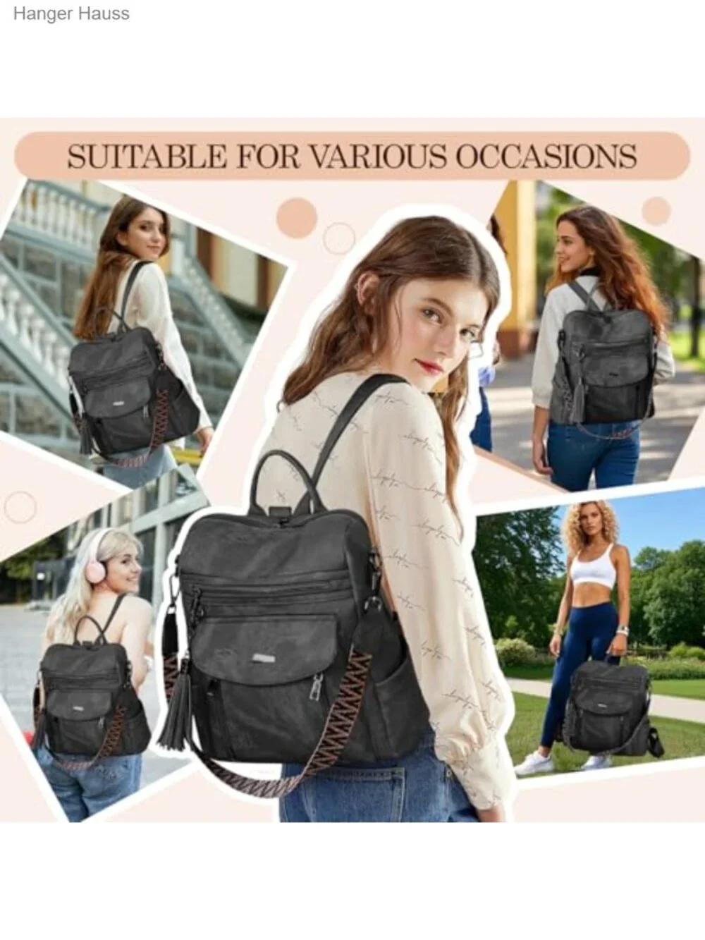 Women's PU Leather Convertible Fashion Backpack Purse, Shoulder Bag 4-in-1
